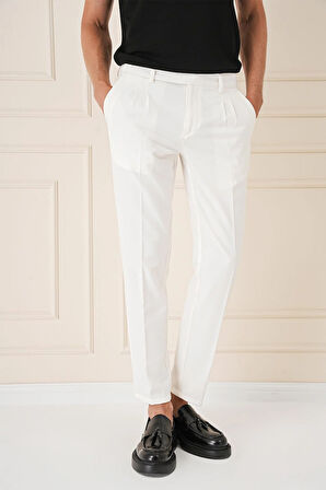 P 1158 Comfort Fit Çift Pileli Dokulu Esnek Pamuk Ekru Pantolon