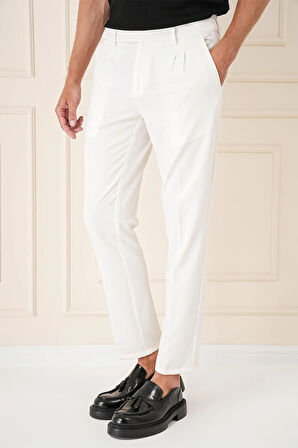 P 1158 Comfort Fit Çift Pileli Dokulu Esnek Pamuk Ekru Pantolon