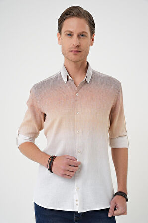G 1575 Comfort Fit Apoletli Degrade Desen Esnek Pamuk Bej Gömlek