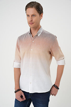 G 1575 Comfort Fit Apoletli Degrade Desen Esnek Pamuk Bej Gömlek