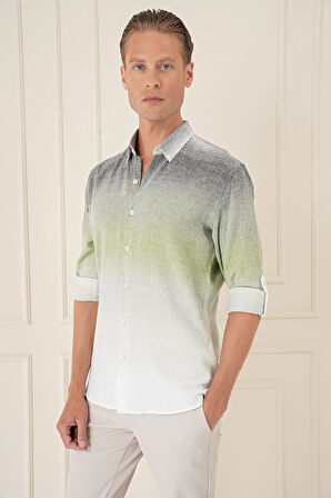 G 1575 Comfort Fit Apoletli Degrade Desen Esnek Pamuk Yeşil Gömlek
