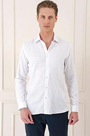 Gk 722 Comfort Fit Balıksırtı Dokuma %100 Pamuk Klasik Beyaz Gömlek