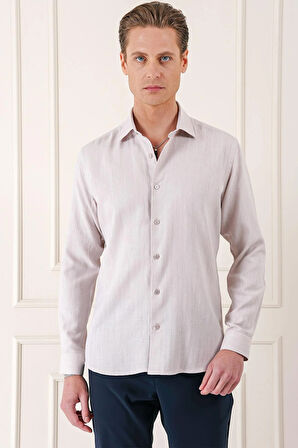 Gk 722 Comfort Fit Balıksırtı Dokuma %100 Pamuk Klasik Bej Gömlek