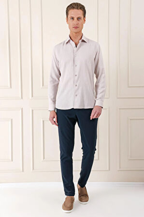 Gk 722 Comfort Fit Balıksırtı Dokuma %100 Pamuk Klasik Bej Gömlek