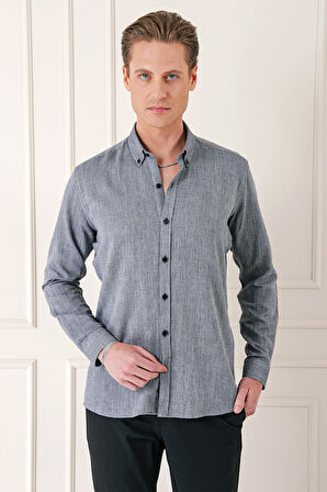 Gk 723 Slim Fit Düğmeli Yaka %100 Pamuk Klasik Siyah Gömlek