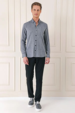 Gk 723 Slim Fit Düğmeli Yaka %100 Pamuk Klasik Siyah Gömlek