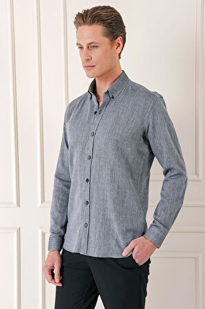 Gk 723 Slim Fit Düğmeli Yaka %100 Pamuk Klasik Siyah Gömlek