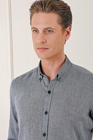 Gk 723 Slim Fit Düğmeli Yaka %100 Pamuk Klasik Siyah Gömlek