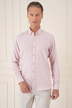 Gk 723 Slim Fit Düğmeli Yaka %100 Pamuk Klasik Pudra Gömlek