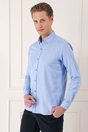 Gk 723 Slim Fit Düğmeli Yaka %100 Pamuk Klasik Mavi Gömlek