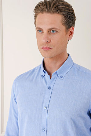 Gk 723 Slim Fit Düğmeli Yaka %100 Pamuk Klasik Mavi Gömlek