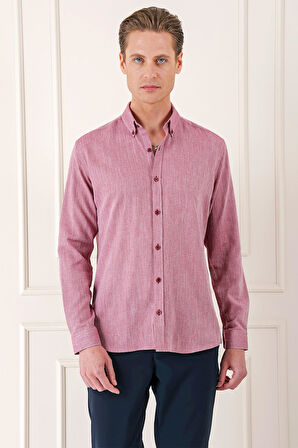 Gk 723 Slim Fit Düğmeli Yaka %100 Pamuk Klasik Bordo Gömlek