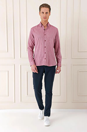 Gk 723 Slim Fit Düğmeli Yaka %100 Pamuk Klasik Bordo Gömlek