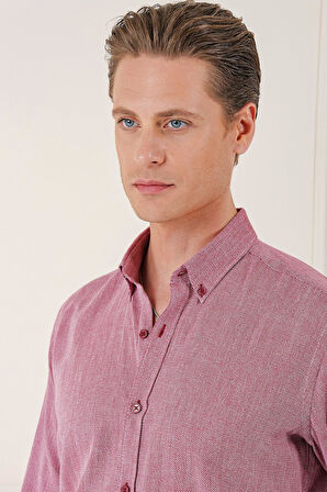 Gk 723 Slim Fit Düğmeli Yaka %100 Pamuk Klasik Bordo Gömlek