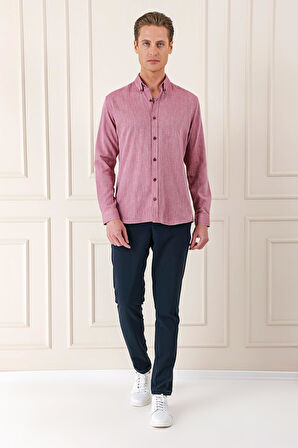 Gk 723 Slim Fit Düğmeli Yaka %100 Pamuk Klasik Bordo Gömlek