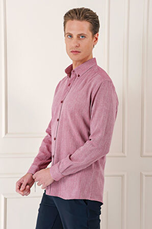 Gk 723 Slim Fit Düğmeli Yaka %100 Pamuk Klasik Bordo Gömlek