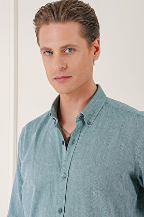 Gk 723 Slim Fit Düğmeli Yaka %100 Pamuk Klasik Yeşil Gömlek