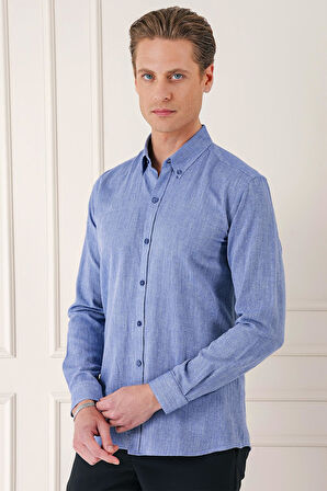 Gk 723 Slim Fit Düğmeli Yaka %100 Pamuk Klasik Koyu Mavi Gömlek