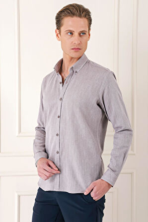 Gk 723 Slim Fit Düğmeli Yaka %100 Pamuk Klasik Vizon Gömlek