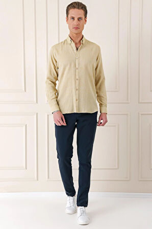 Gk 723 Slim Fit Düğmeli Yaka %100 Pamuk Klasik Limon Gömlek