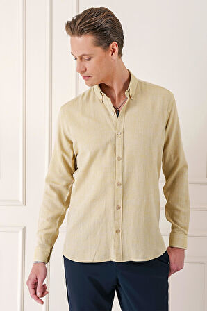 Gk 723 Slim Fit Düğmeli Yaka %100 Pamuk Klasik Limon Gömlek