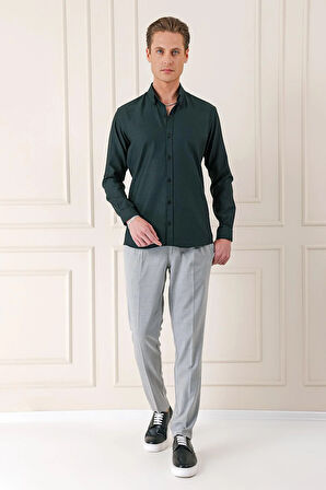 Gk 724 Slim Fit Düğmeli Yaka Dokulu %100 Pamuk Klasik Siyah Gömlek