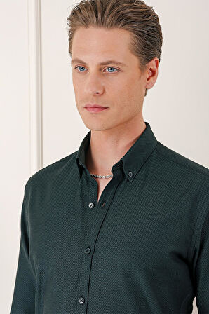 Gk 724 Slim Fit Düğmeli Yaka Dokulu %100 Pamuk Klasik Siyah Gömlek