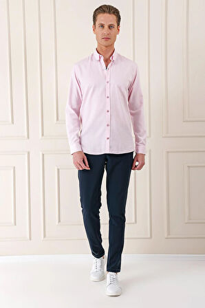 Gk 724 Slim Fit Düğmeli Yaka Dokulu %100 Pamuk Klasik Pudra Gömlek