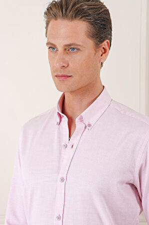 Gk 724 Slim Fit Düğmeli Yaka Dokulu %100 Pamuk Klasik Pudra Gömlek