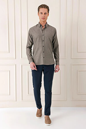 Gk 724 Slim Fit Düğmeli Yaka Dokulu %100 Pamuk Klasik Kahverengi Gömlek