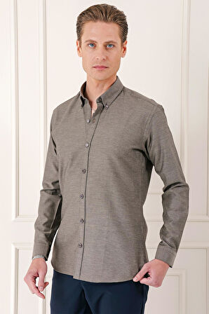 Gk 724 Slim Fit Düğmeli Yaka Dokulu %100 Pamuk Klasik Kahverengi Gömlek