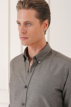 Gk 724 Slim Fit Düğmeli Yaka Dokulu %100 Pamuk Klasik Kahverengi Gömlek