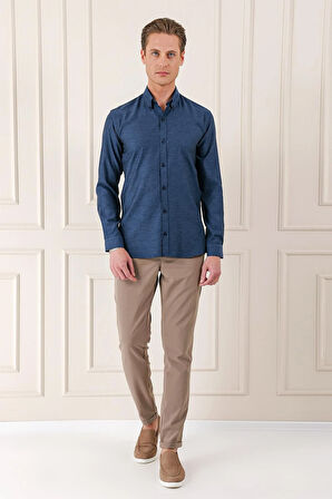 Gk 724 Slim Fit Düğmeli Yaka Dokulu %100 Pamuk Klasik Lacivert Gömlek
