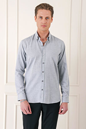 Gk 724 Slim Fit Düğmeli Yaka Dokulu %100 Pamuk Klasik Açık Gri Gömlek