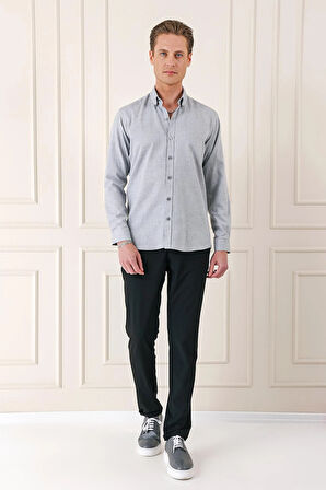 Gk 724 Slim Fit Düğmeli Yaka Dokulu %100 Pamuk Klasik Açık Gri Gömlek