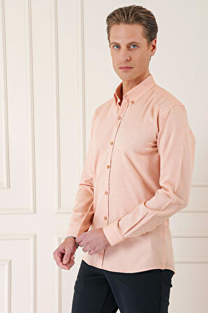 Gk 724 Slim Fit Düğmeli Yaka Dokulu %100 Pamuk Klasik Somon Gömlek