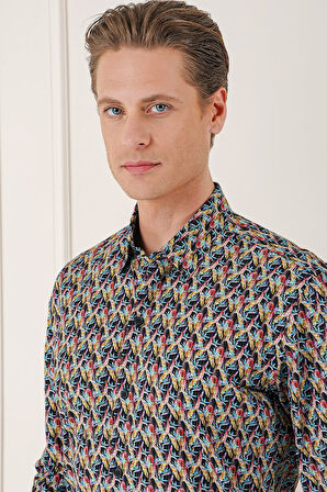 G 1576 Comfort Fit Klapalı Yaka Baskılı %100 Pamuk Siyah Gömlek