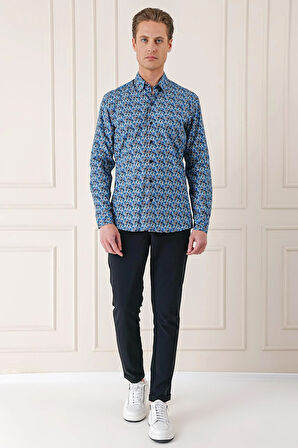 G 1576 Comfort Fit Klapalı Yaka Baskılı %100 Pamuk Mavi Gömlek