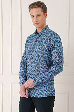 G 1576 Comfort Fit Klapalı Yaka Baskılı %100 Pamuk Mavi Gömlek