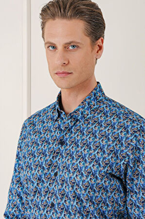 G 1576 Comfort Fit Klapalı Yaka Baskılı %100 Pamuk Mavi Gömlek