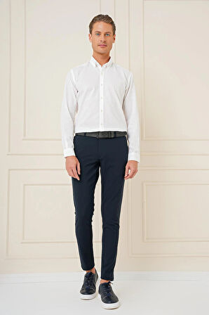 Gk 726 Slim Fit Düğmeli Yaka Dokulu %100 Pamuk Klasik Beyaz Gömlek