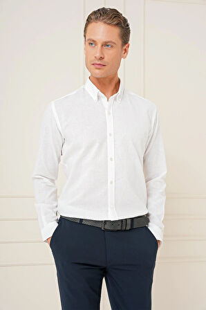 Gk 726 Slim Fit Düğmeli Yaka Dokulu %100 Pamuk Klasik Beyaz Gömlek