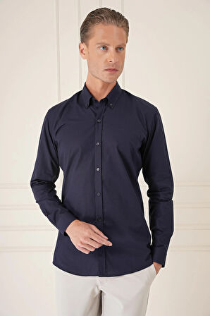 Gk 726 Slim Fit Düğmeli Yaka Dokulu %100 Pamuk Klasik Lacivert Gömlek