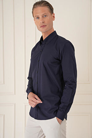 Gk 726 Slim Fit Düğmeli Yaka Dokulu %100 Pamuk Klasik Lacivert Gömlek