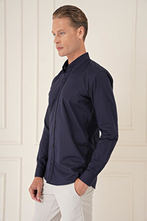Gk 726 Slim Fit Düğmeli Yaka Dokulu %100 Pamuk Klasik Lacivert Gömlek