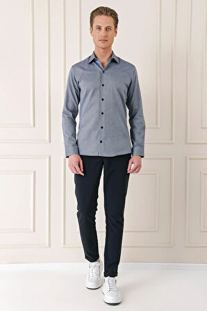 Gk 725 Slim Fit Dokulu %100 Pamuk Klasik Lacivert Gömlek