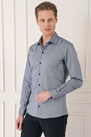 Gk 725 Slim Fit Dokulu %100 Pamuk Klasik Lacivert Gömlek