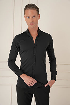Gk 727 Slim Fit Düğmeli Yaka Esnek Pamuk Klasik Siyah Gömlek