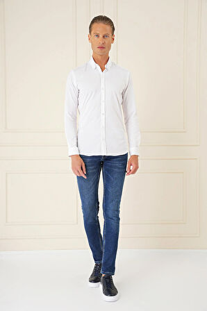 Gk 727 Slim Fit Düğmeli Yaka Esnek Pamuk Klasik Beyaz Gömlek