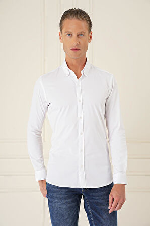 Gk 727 Slim Fit Düğmeli Yaka Esnek Pamuk Klasik Beyaz Gömlek